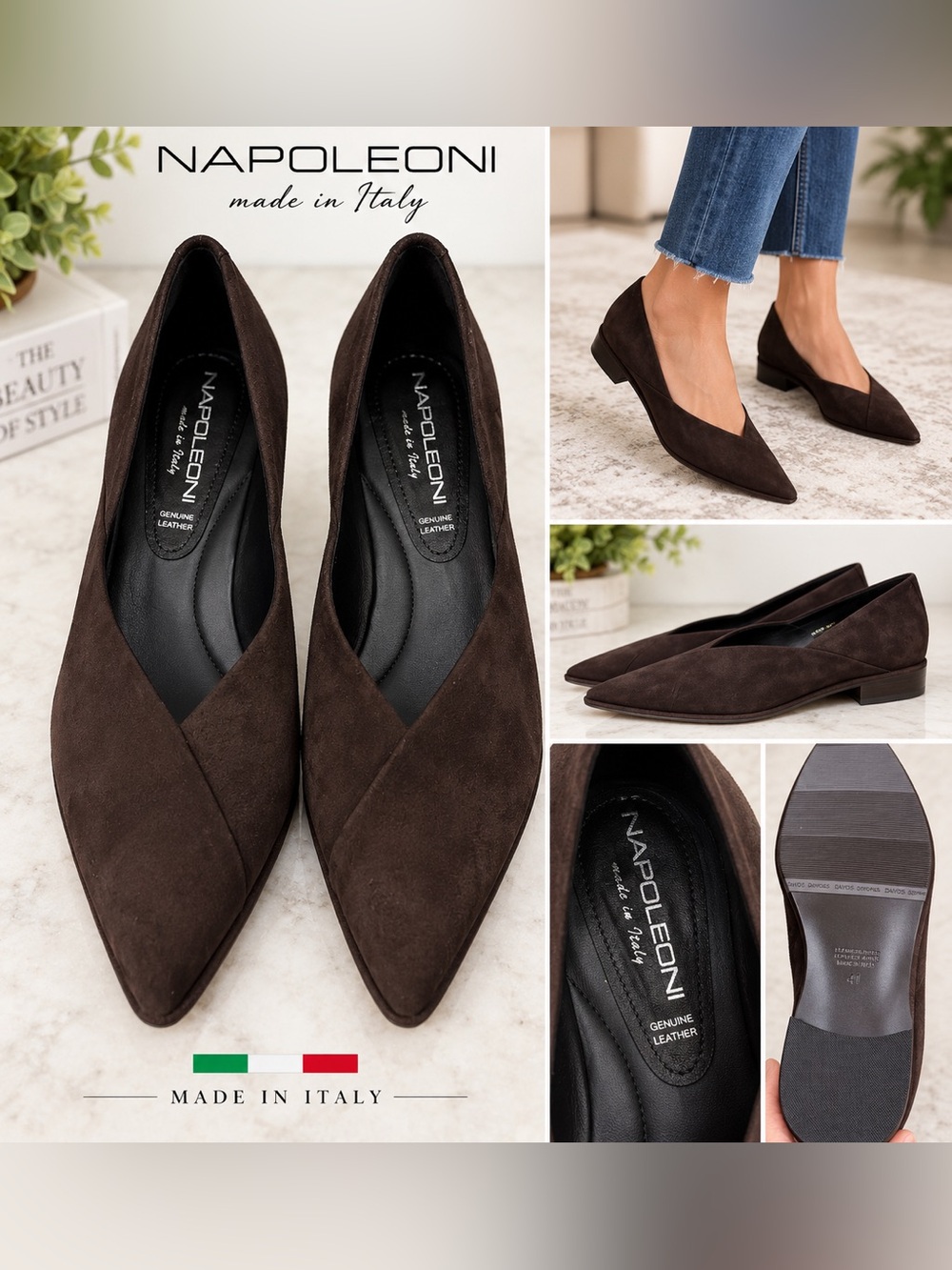 Napoleoni Brown Suede Pointed Toe Block Heel Pumps Made in Italy Size 41